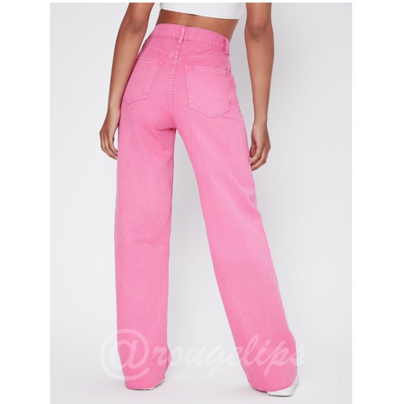 90s Style Pink Wide Leg Jeans High Waist Raw Hem - Picture 2 of 14